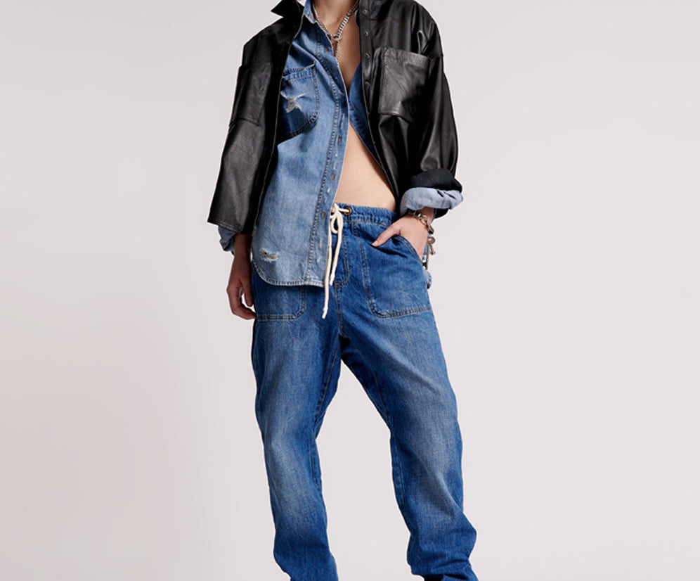 Shabbies High Waist Drawstring Boyfriend Denim Jeans - Resort Blue