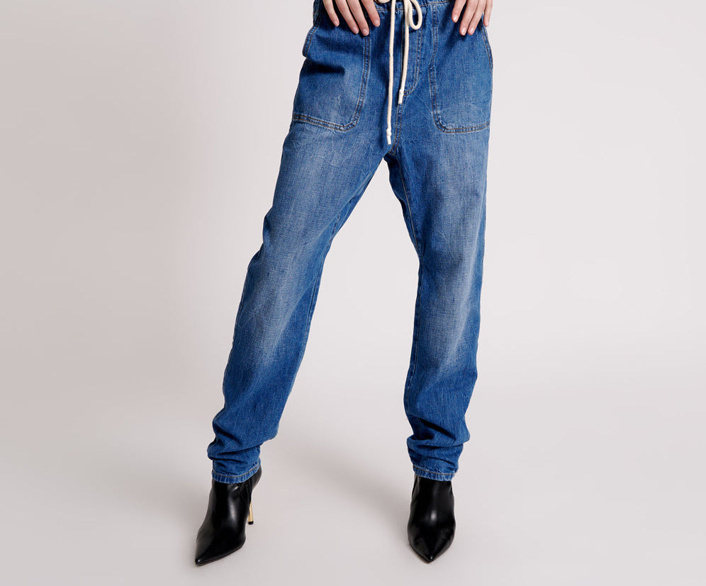 Shabbies High Waist Drawstring Boyfriend Denim Jeans - Resort Blue