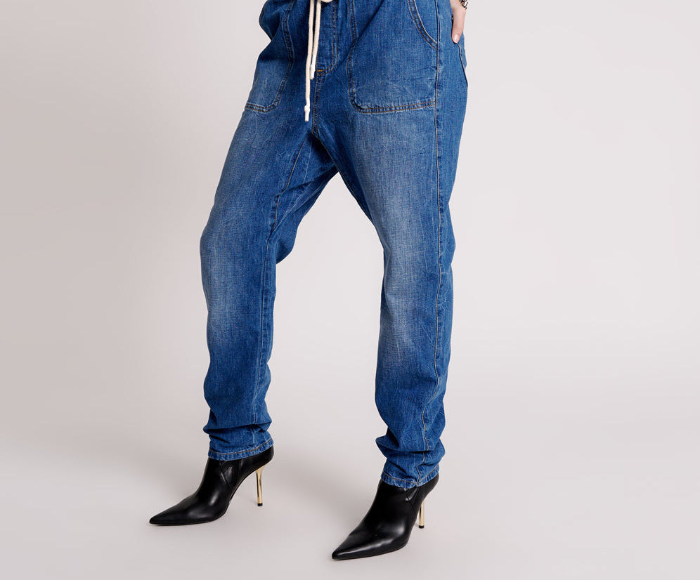 Shabbies High Waist Drawstring Boyfriend Denim Jeans - Resort Blue