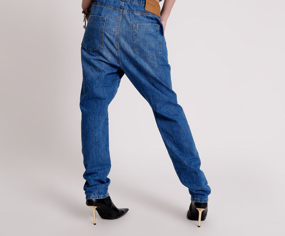 Shabbies High Waist Drawstring Boyfriend Denim Jeans - Resort Blue