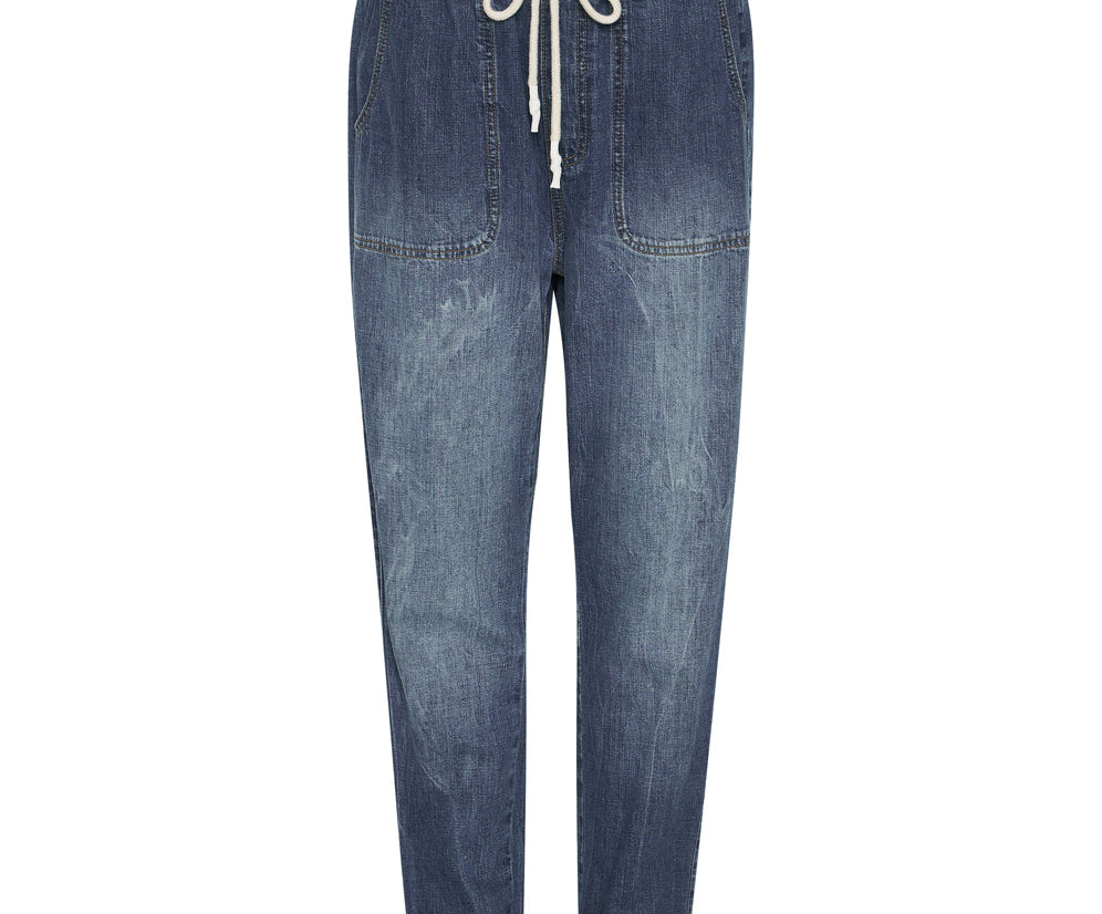 Shabbies High Waist Drawstring Boyfriend Denim Jeans - Resort Blue