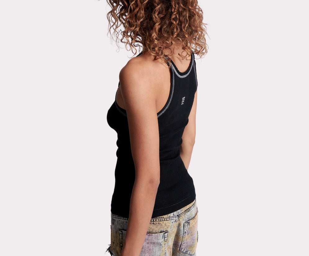 One Teaspoon Logo Bower Bird Ribbed Singlet - Jett Black
