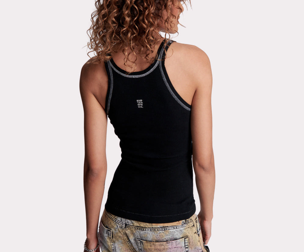 One Teaspoon Logo Bower Bird Ribbed Singlet - Jett Black