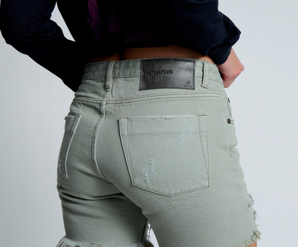 Stevies Low Waist Waist Long Length Boyfriend Denim Shorts - Faded Khaki