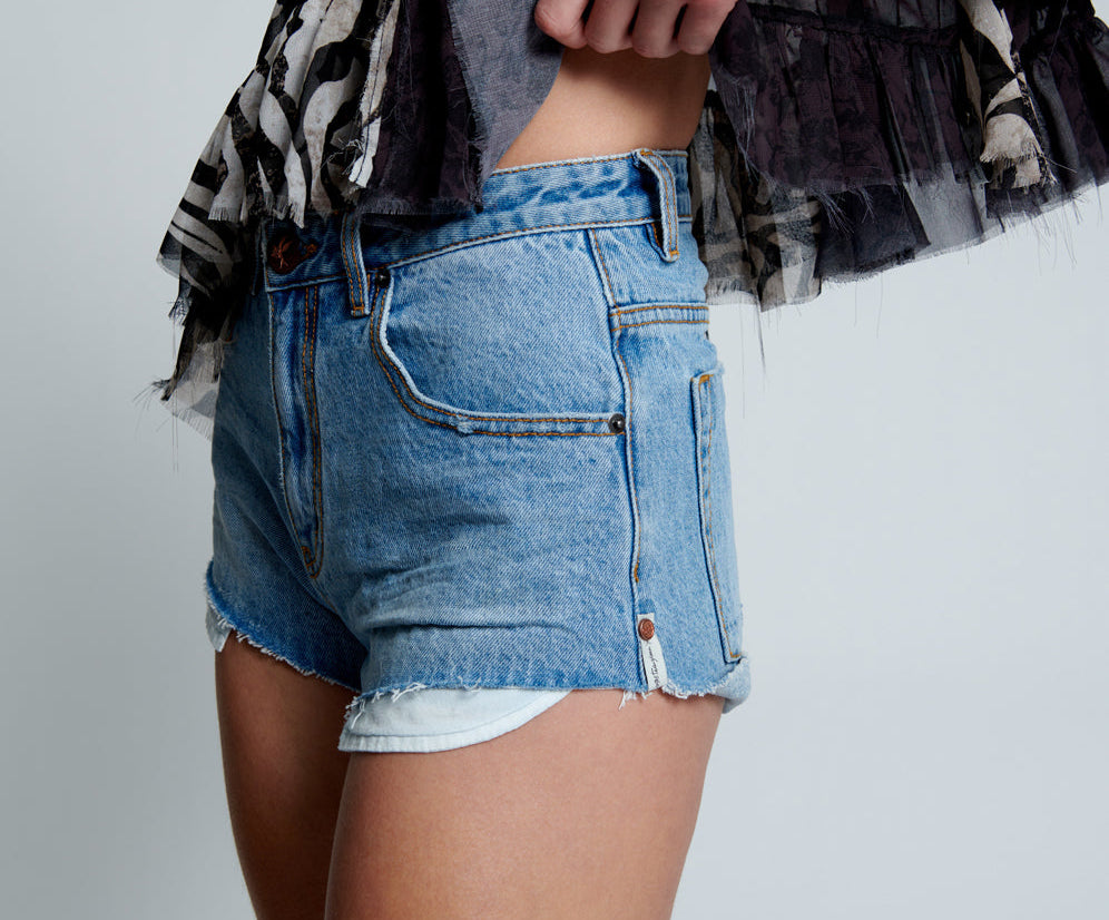 The One High Waist Cheeky Denim Shorts - Ocean