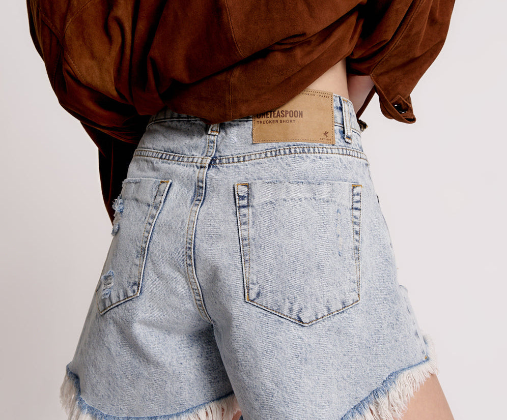 CIRCUS BLUE TRUCKER MID WAIST DENIM SHORTS