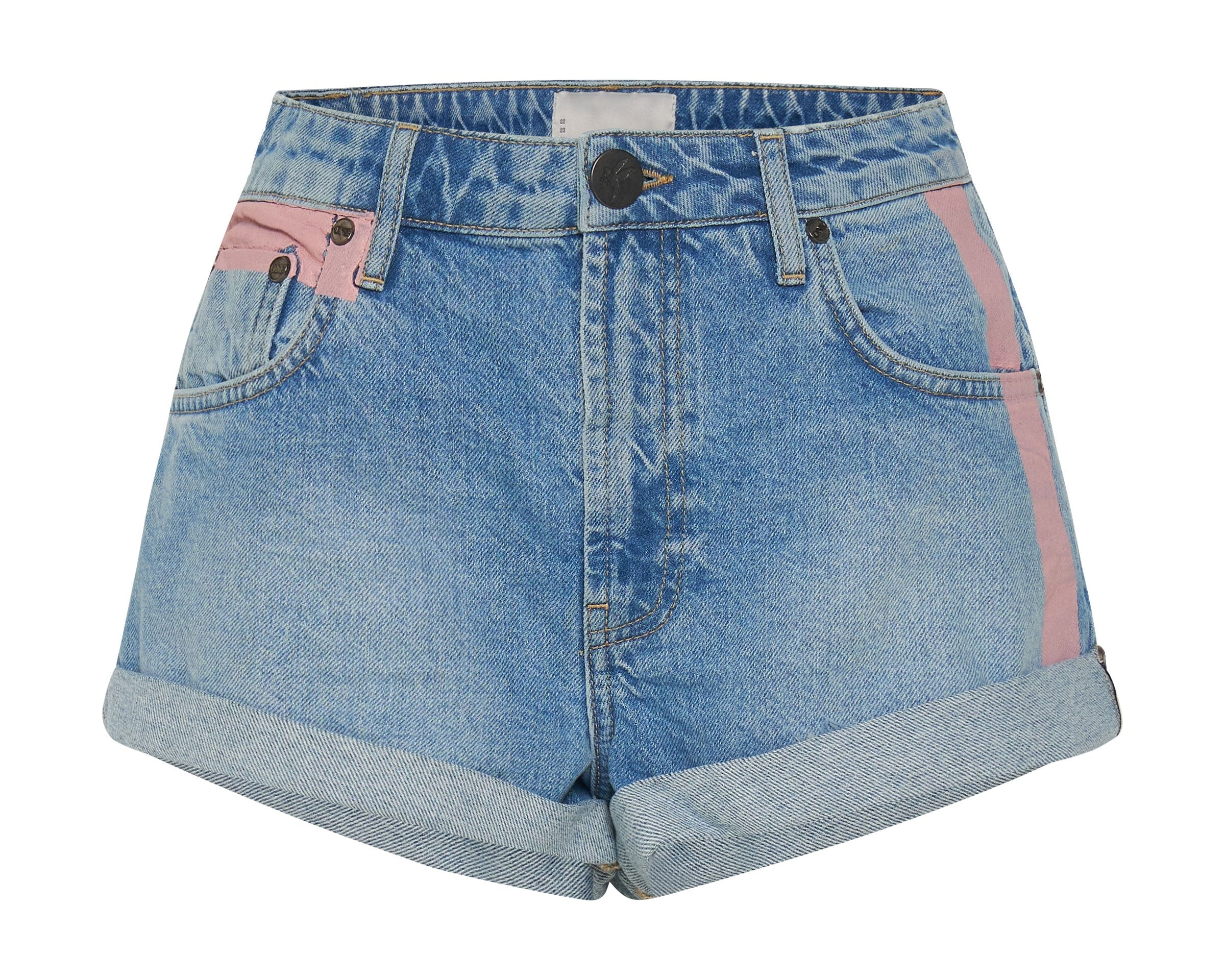 LINEAR BLUE BANDITS MID WAIST DENIM SHORTS