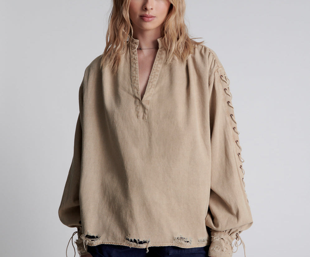 Johnny Lace Up Denim Shirt - Stone