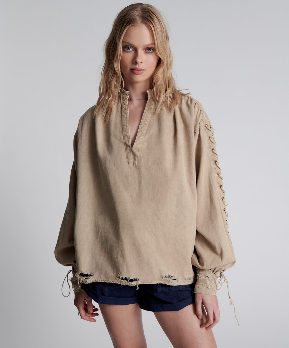 Products Johnny Lace Up Denim Shirt - Stone