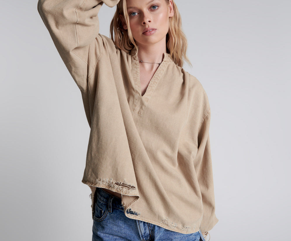 Johnny Lace Up Denim Shirt - Stone
