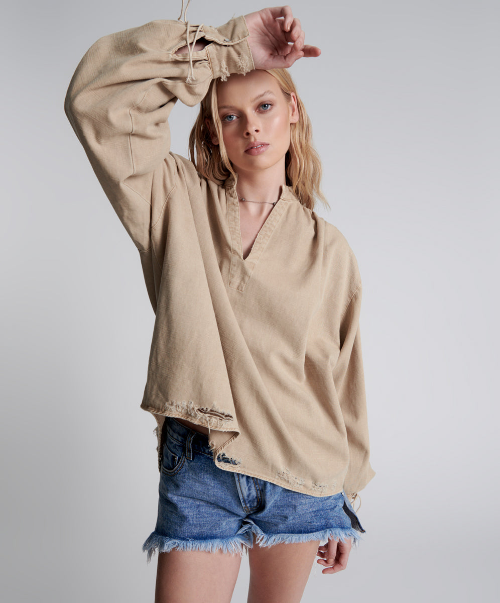 Products Johnny Lace Up Denim Shirt - Stone