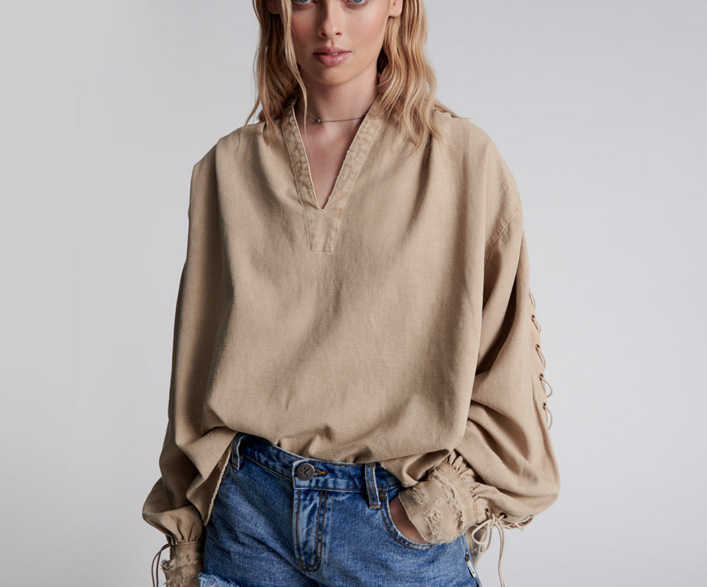 Johnny Lace Up Denim Shirt - Stone