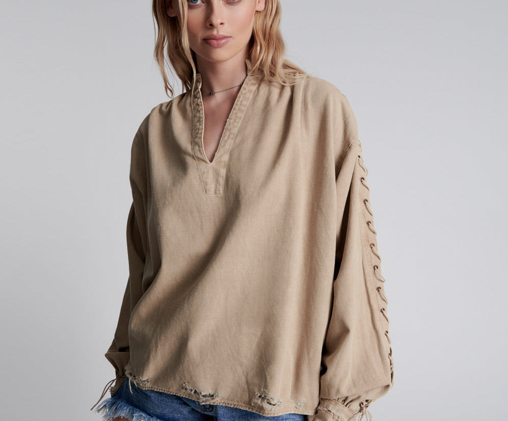 Johnny Lace Up Denim Shirt - Stone
