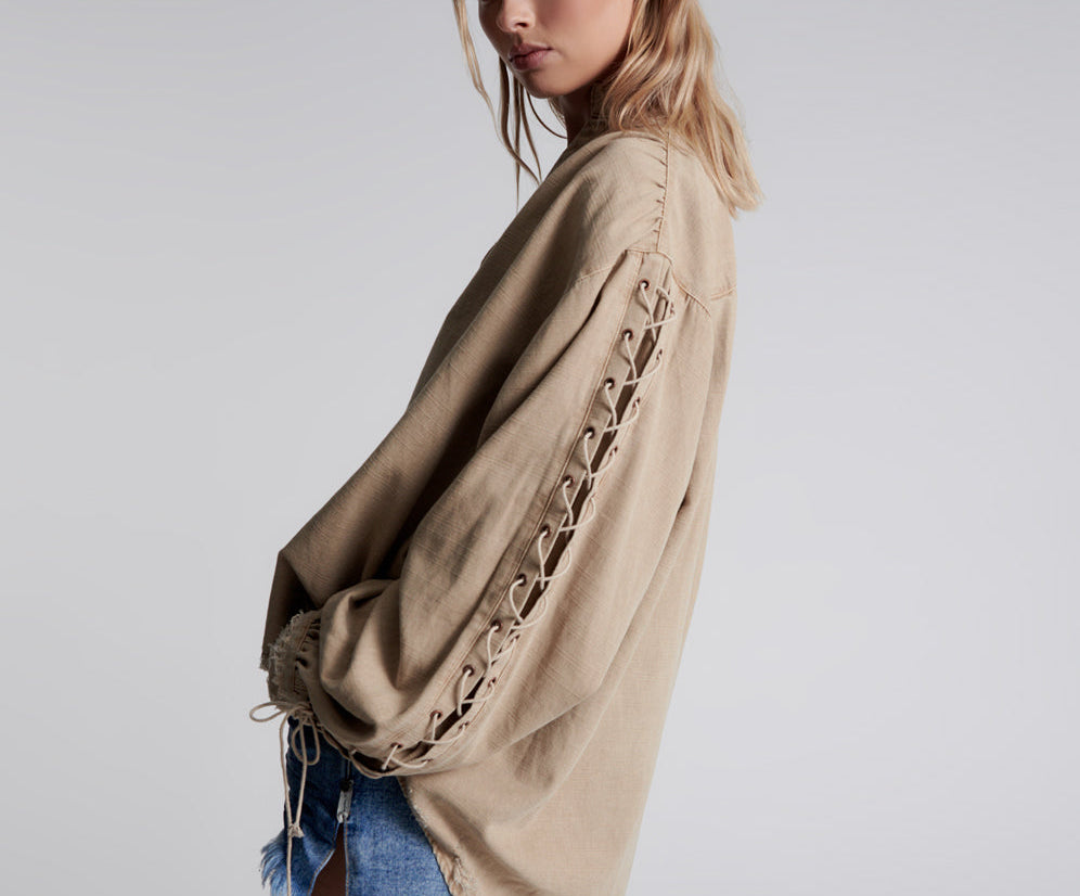 Johnny Lace Up Denim Shirt - Stone
