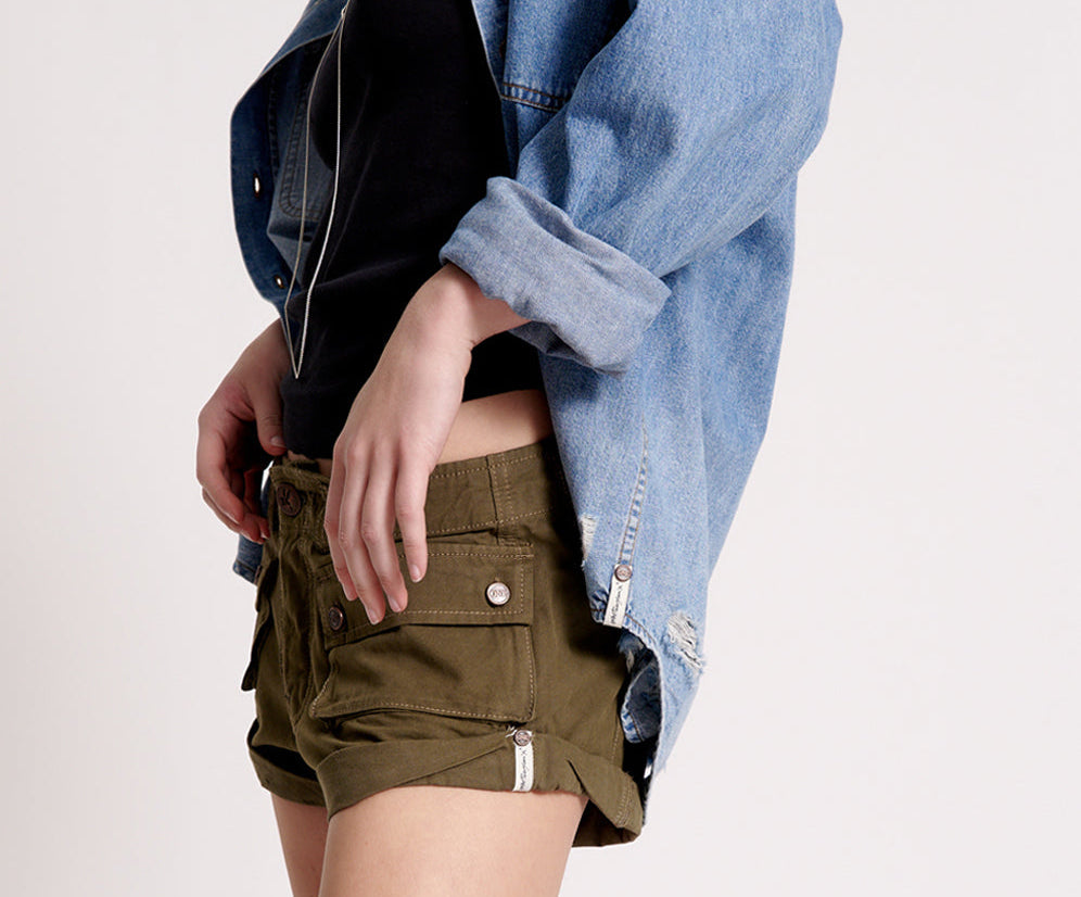 Cadet Bandits Low Waist Denim Shorts - Dark Khaki