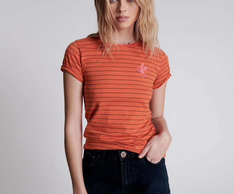 Bower Bird Embroidered Logo Fitted Tee Orange - Orange Stripe