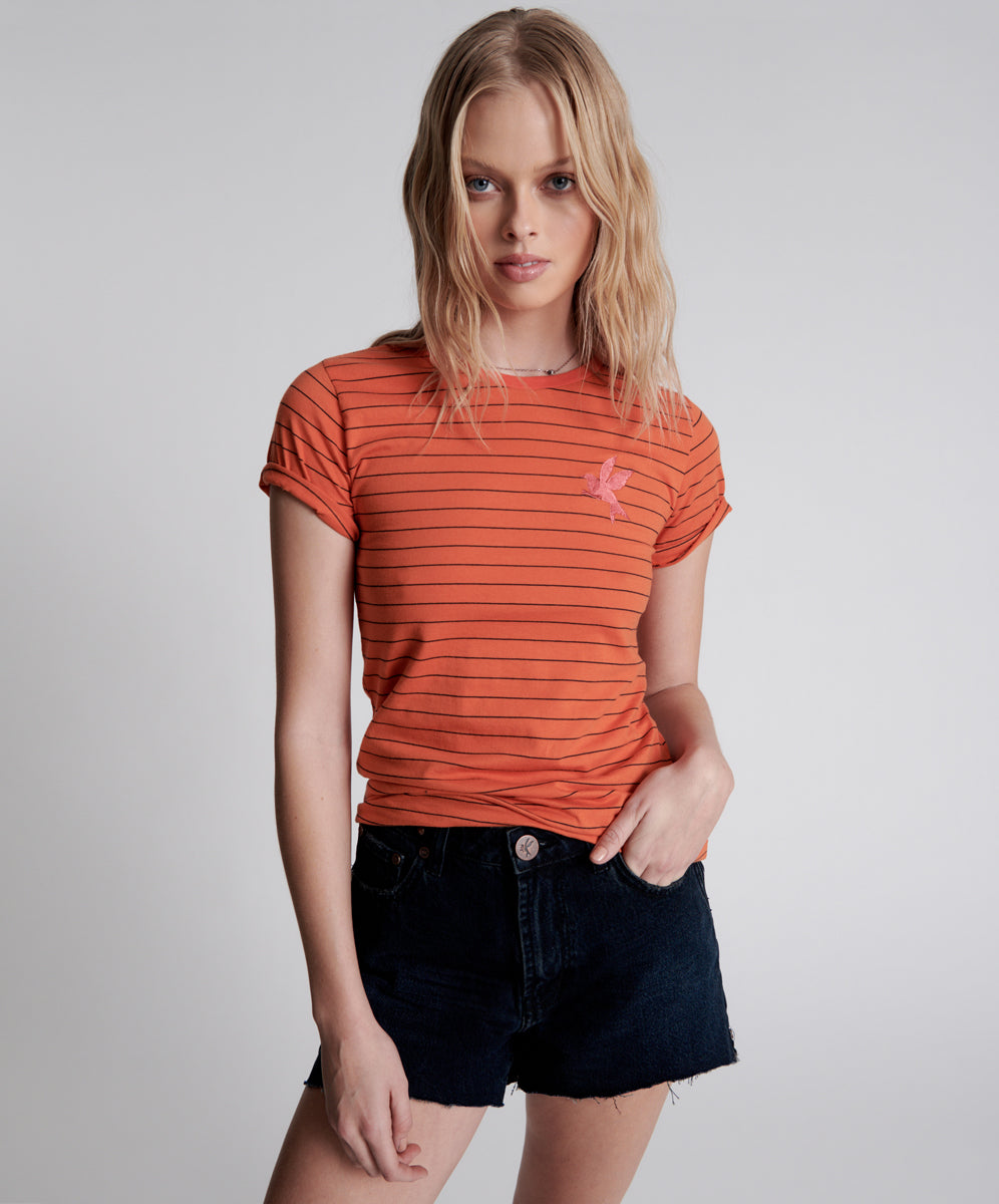 Products Bower Bird Embroidered Logo Fitted Tee Orange - Orange Stripe