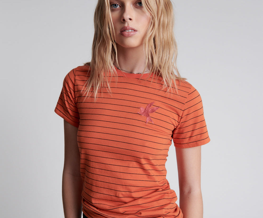 Bower Bird Embroidered Logo Fitted Tee Orange - Orange Stripe