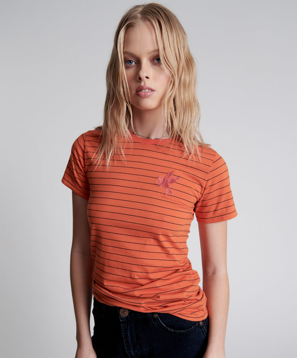 Products Bower Bird Embroidered Logo Fitted Tee Orange - Orange Stripe