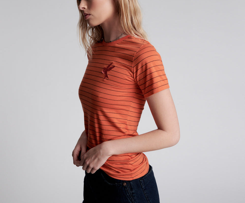 Bower Bird Embroidered Logo Fitted Tee Orange - Orange Stripe