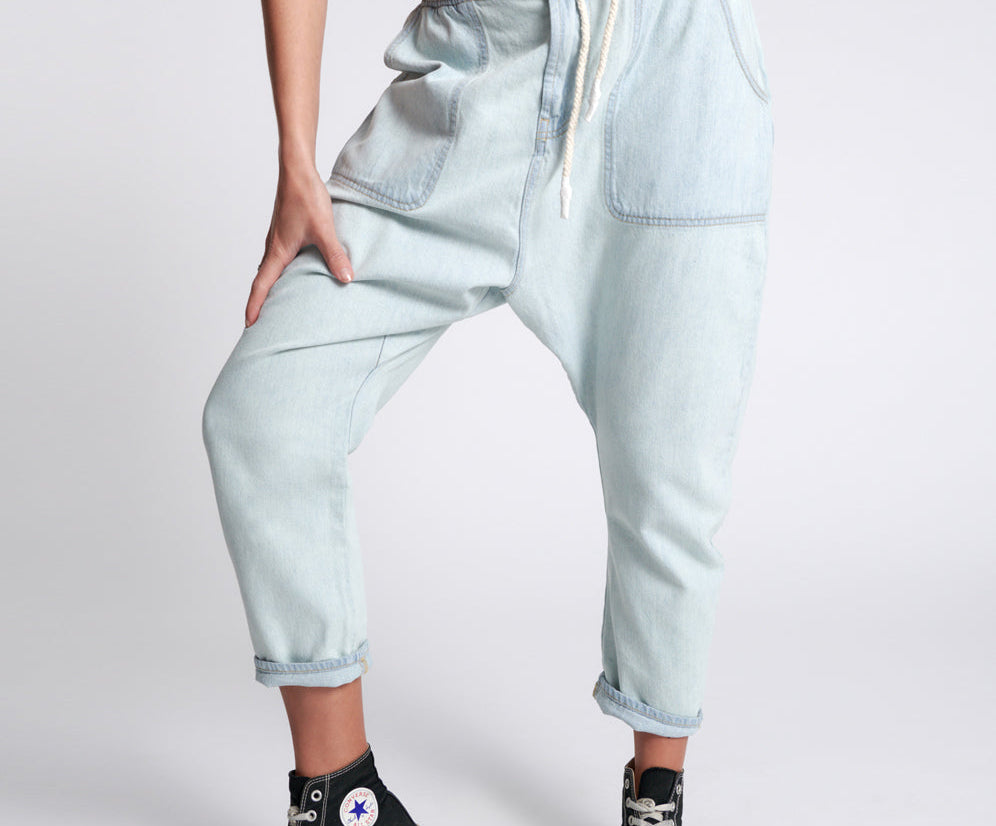 Shabbies Low Waist Drawstring Boyfriend Denim Jeans - Angel Blue
