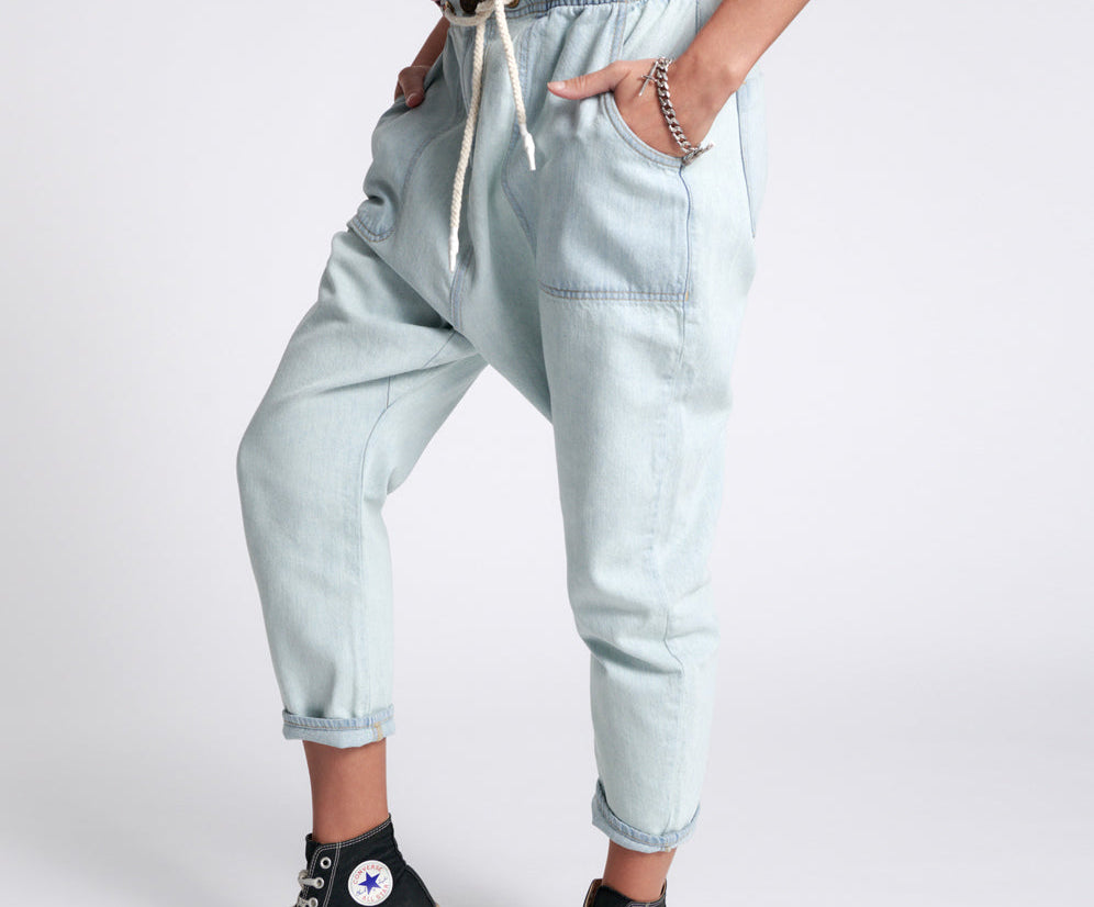 Shabbies Low Waist Drawstring Boyfriend Denim Jeans - Angel Blue