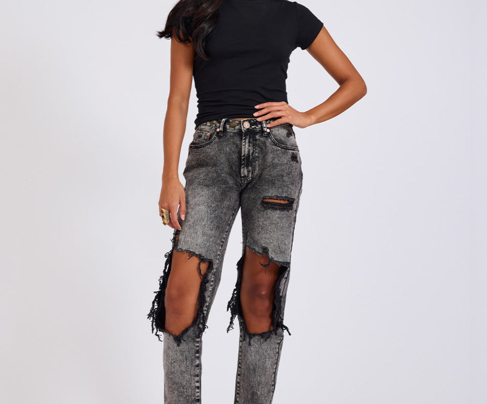 Awesome Baggies High Waist Straight Leg Denim Jeans - Rodeo Grey
