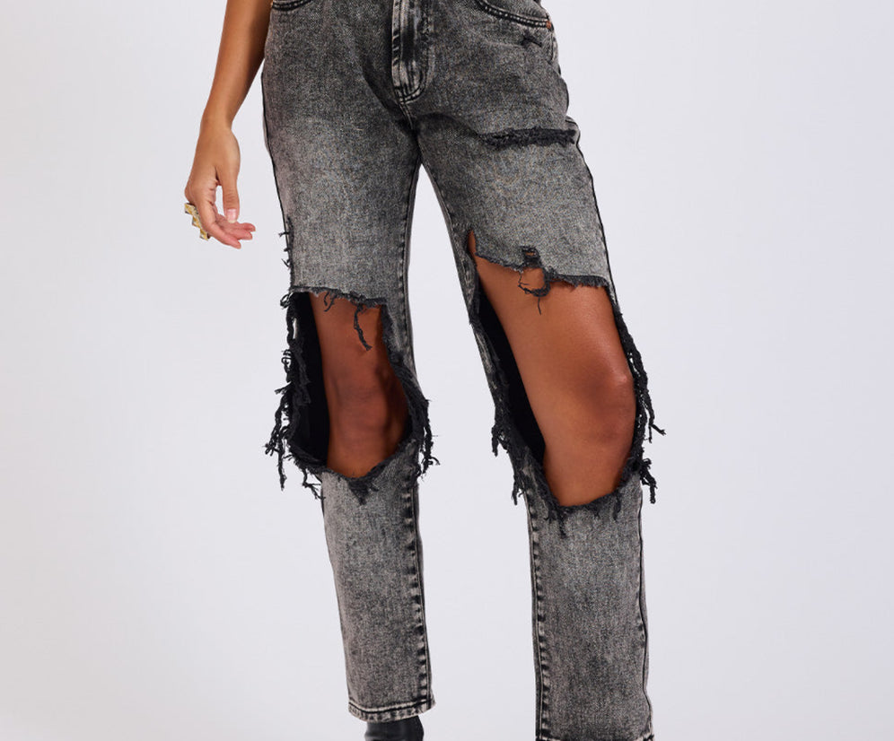Awesome Baggies High Waist Straight Leg Denim Jeans - Rodeo Grey