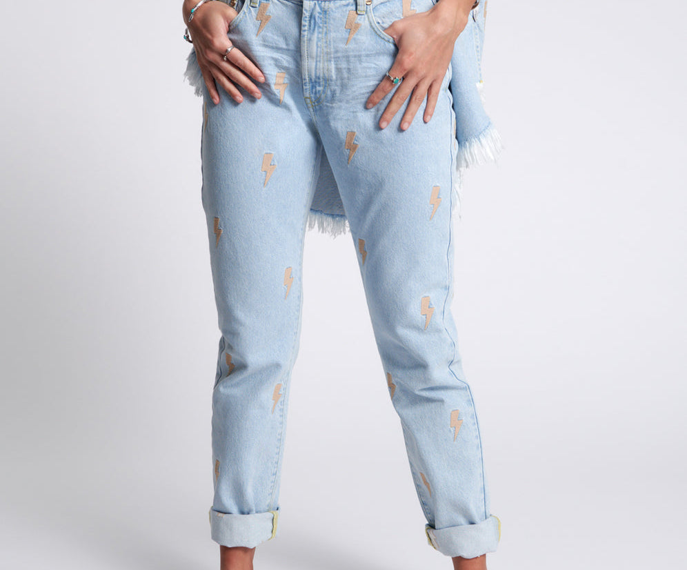 LIGHTNING BOLT AWESOME BAGGIES HIGH WAIST STRAIGHT JEANS