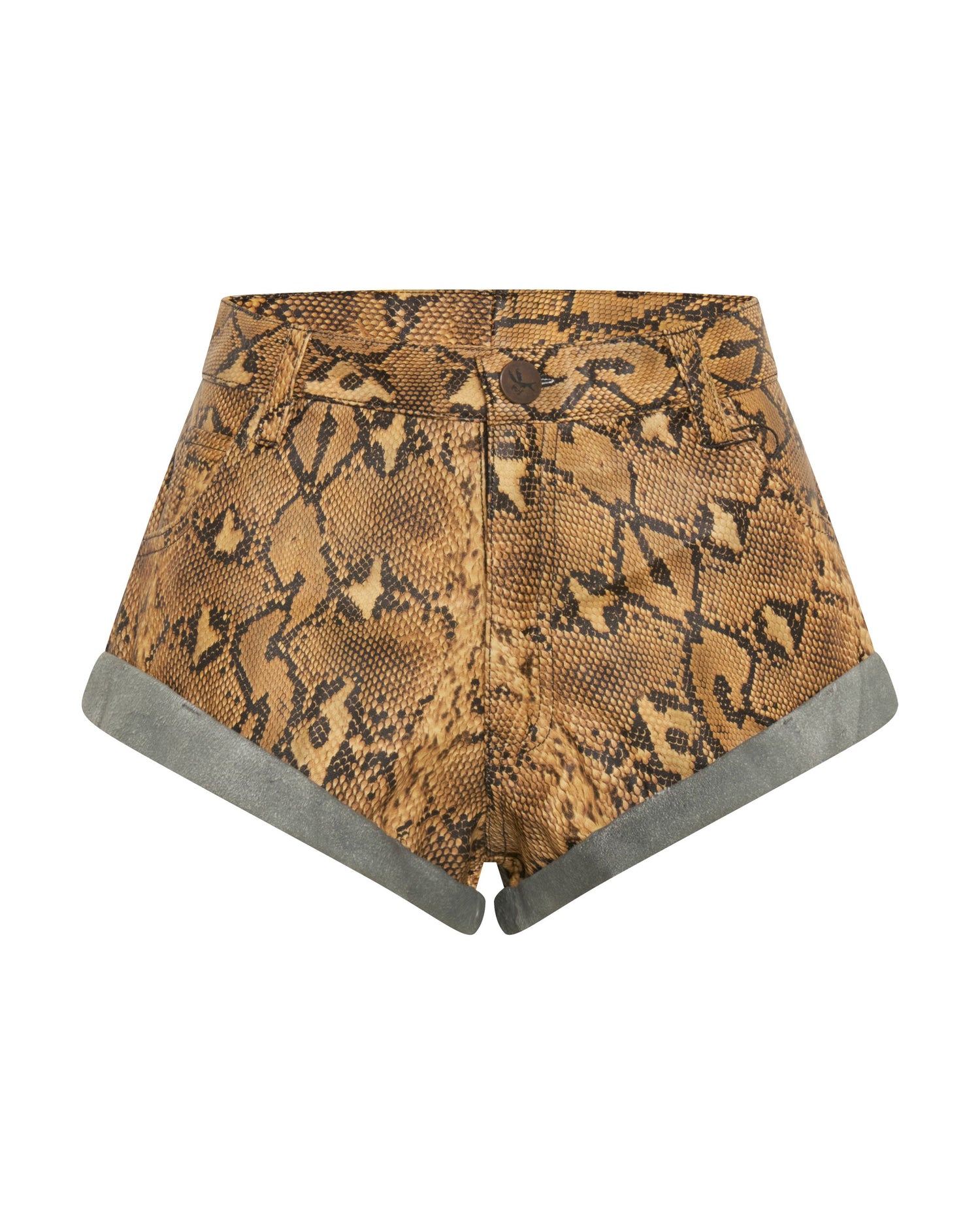 Last Stock Sun Snake Leather Low Waist Bandits Leather Shorts - Yellow Snake