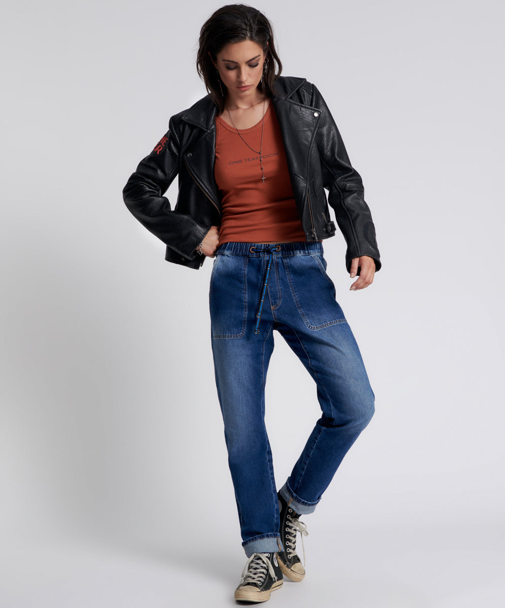 Last Stock Shabbies Low Waist Drawstring Boyfriend Denim Jeans - Power Blue