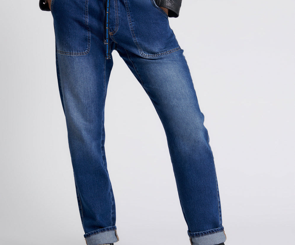 Shabbies Low Waist Drawstring Boyfriend Denim Jeans - Power Blue