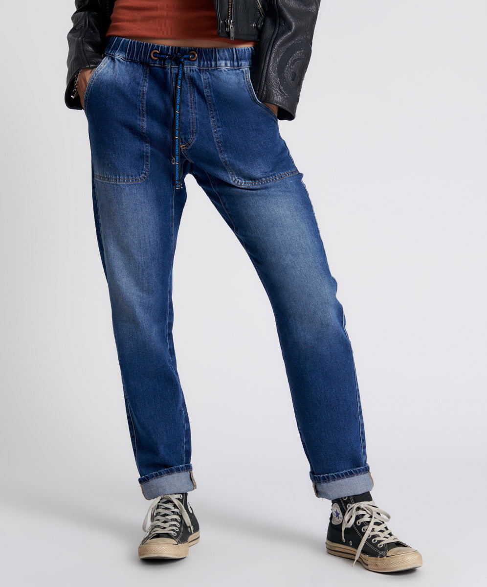 Last Stock Shabbies Low Waist Drawstring Boyfriend Denim Jeans - Power Blue