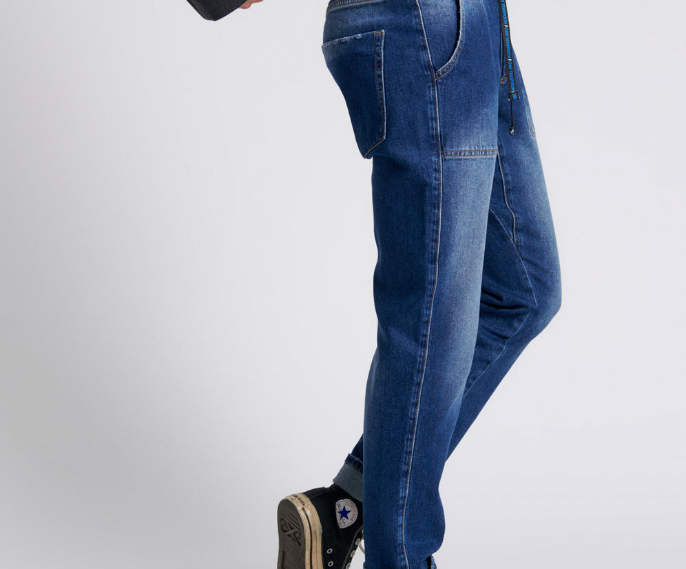 Shabbies Low Waist Drawstring Boyfriend Denim Jeans - Power Blue