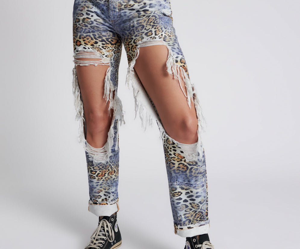 Truckers Mid Waist Straight Leg Denim Jeans - Leoparty