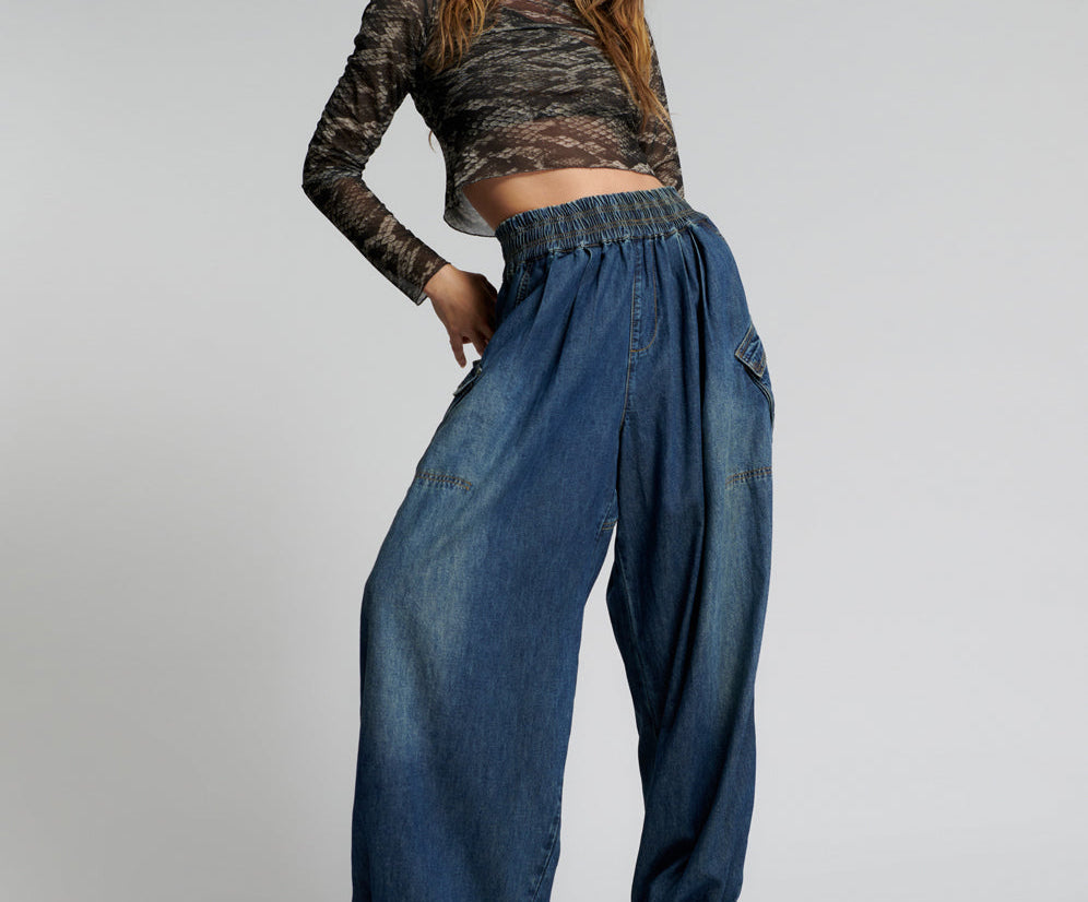 USED BLUE DENIM PARACHUTE PANTS