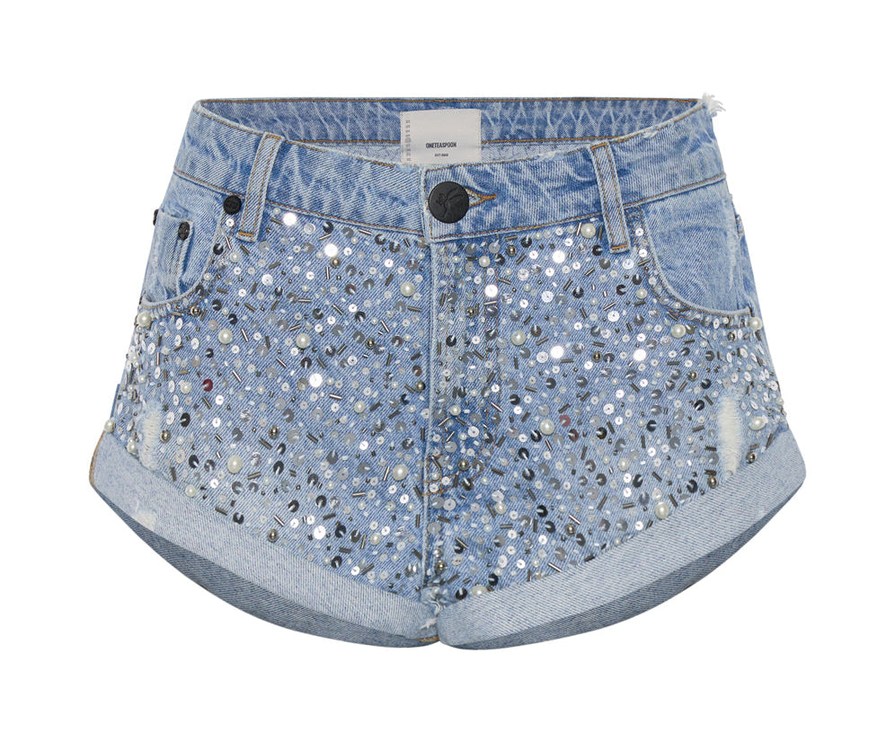 Bandits Low Waist Hand-Beaded Denim Shorts - Vintage Blue