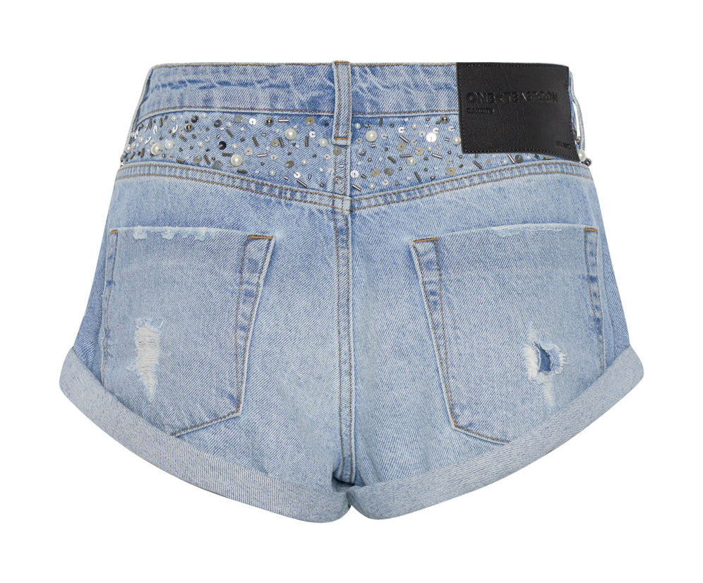 Bandits Low Waist Hand-Beaded Denim Shorts - Vintage Blue