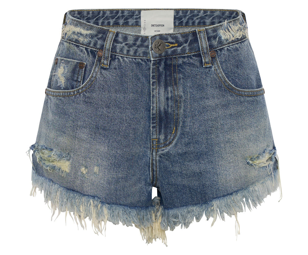 The One High Waist Cheeky Denim Shorts - Used Blue