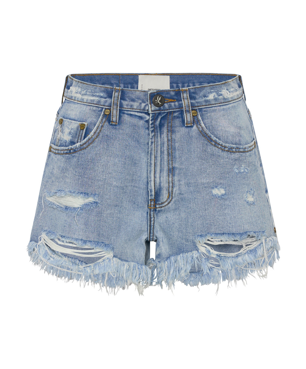 Last Stock Truckers Mid Waist Relaxed Denim Shorts - Berlin Blue