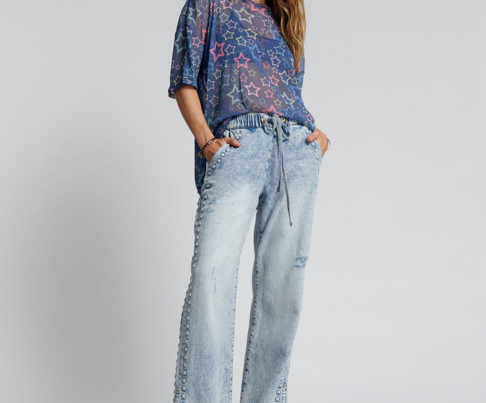 RIVETED ROADHOUSE WIDE LEG DRAWSTRING JEANS