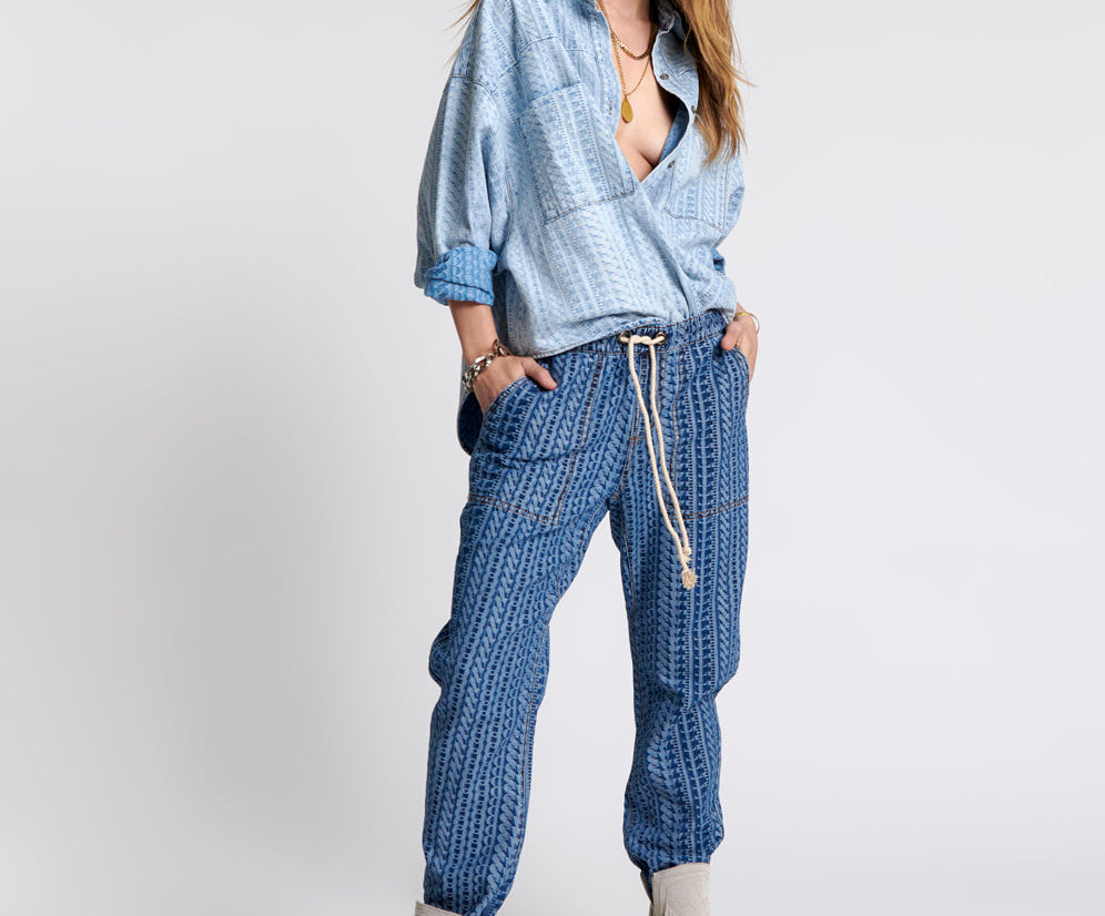 Shabbies Low Waist Drawstring Boyfriend Denim Jeans - Dark Blue