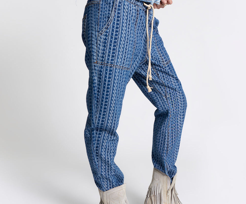 Shabbies Low Waist Drawstring Boyfriend Denim Jeans - Dark Blue