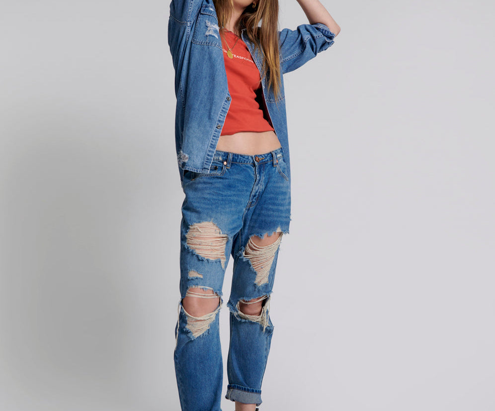 Saints Low Waist Boyfriend Denim Jeans - Pacifica