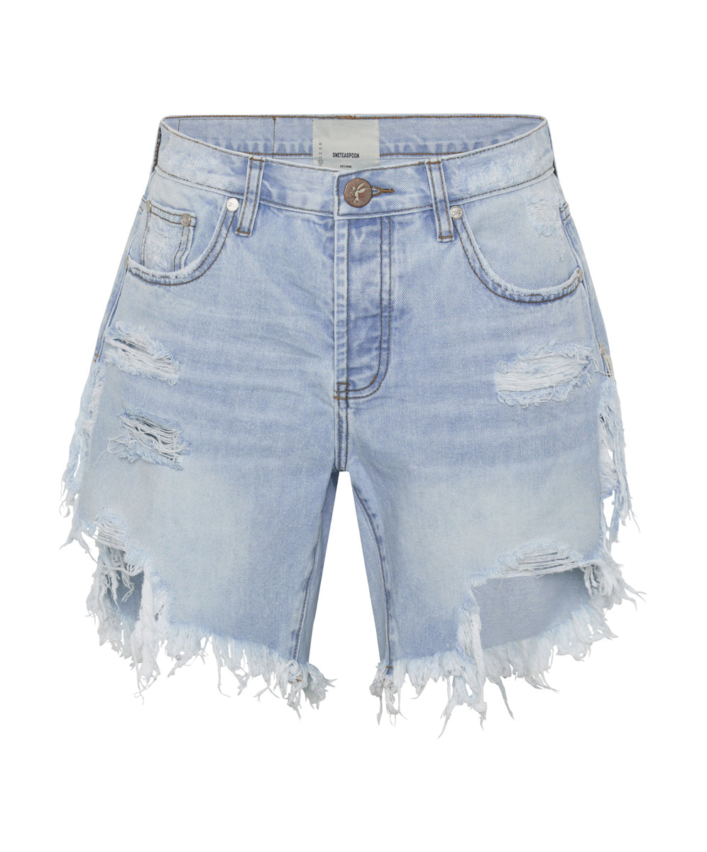 Frankies Low Waist Long Length Denim Shorts - Blue Latte | One