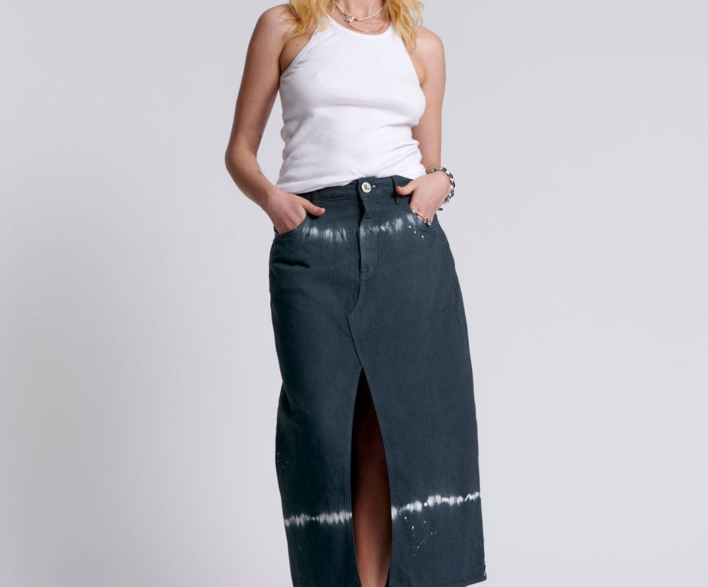 Rocko Mid Waist Long Length Denim Skirt - Black Magic