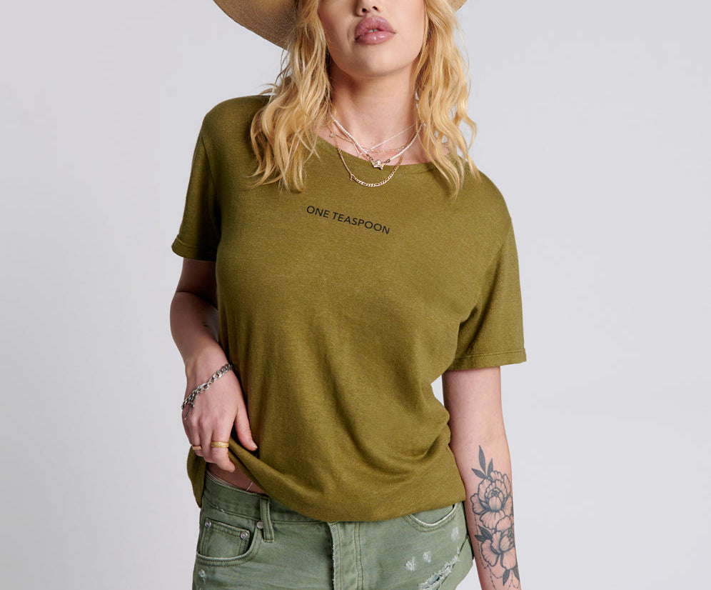 ONE TEASPOON LINEN WIDE NECK TEE KHAKI