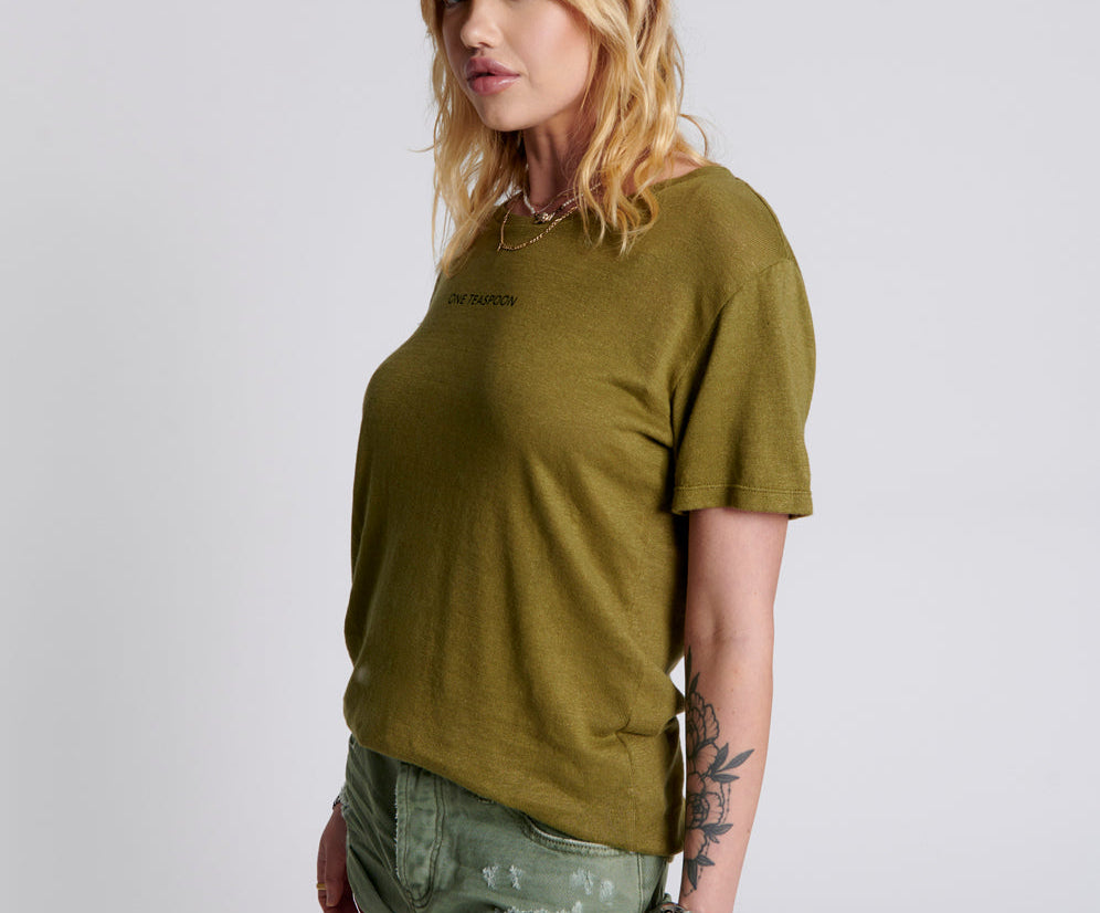 ONE TEASPOON LINEN WIDE NECK TEE KHAKI