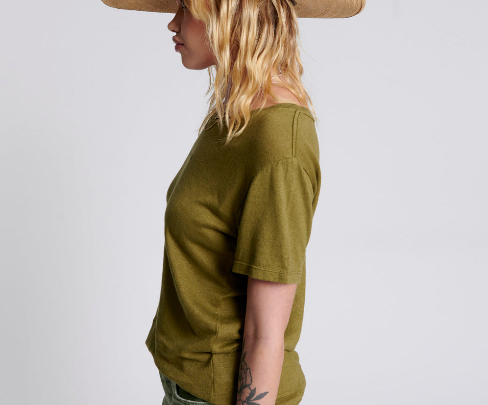 ONE TEASPOON LINEN WIDE NECK TEE KHAKI