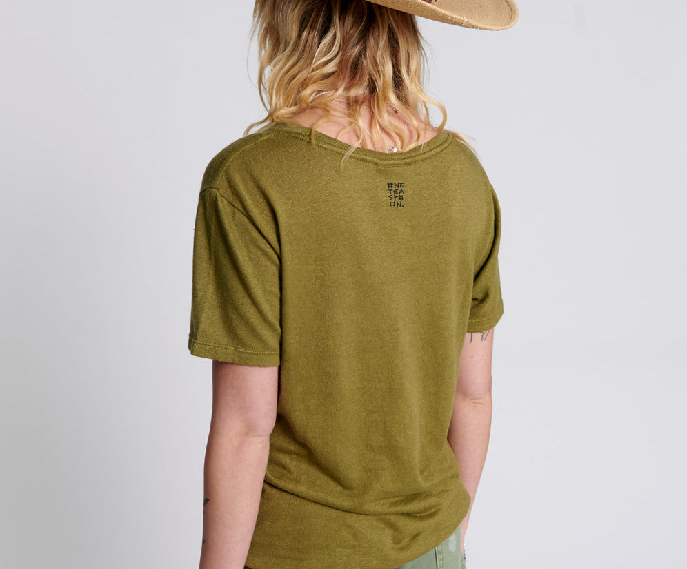 ONE TEASPOON LINEN WIDE NECK TEE KHAKI